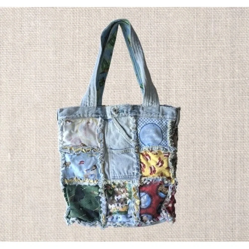 Upcycled Denim Tote Bag Wizard Of Oz Patchwork Tommy Hilfiger Handmade Jeans - Picture 1 of 14